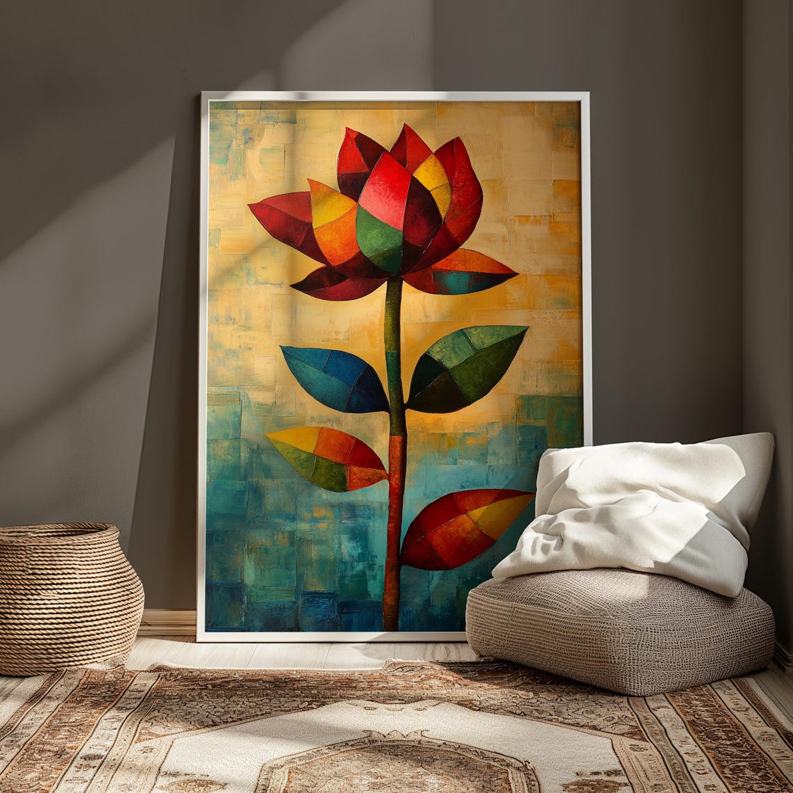 Cubist Mosaic Flower Geometric Red Orange Teal Bold Modern Art Poster - Image 3