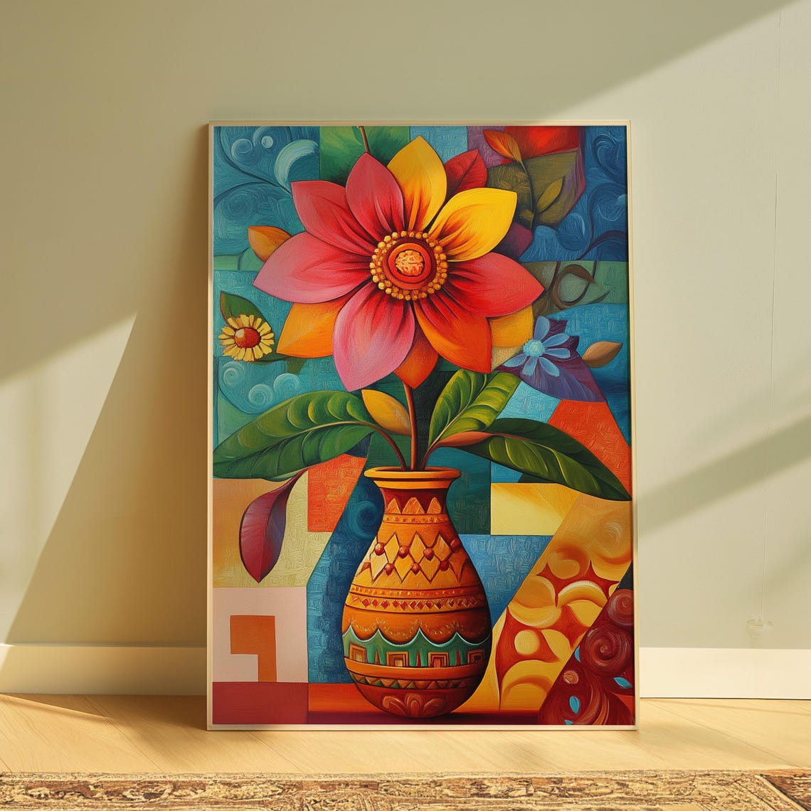 Red Blossom Terracotta Vase Blue Mosaic Pattern Floral Poster