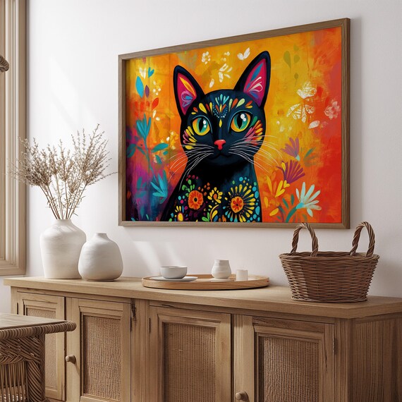 Black Cat Floral Folk Art Body Golden Orange Garden Painting Poster