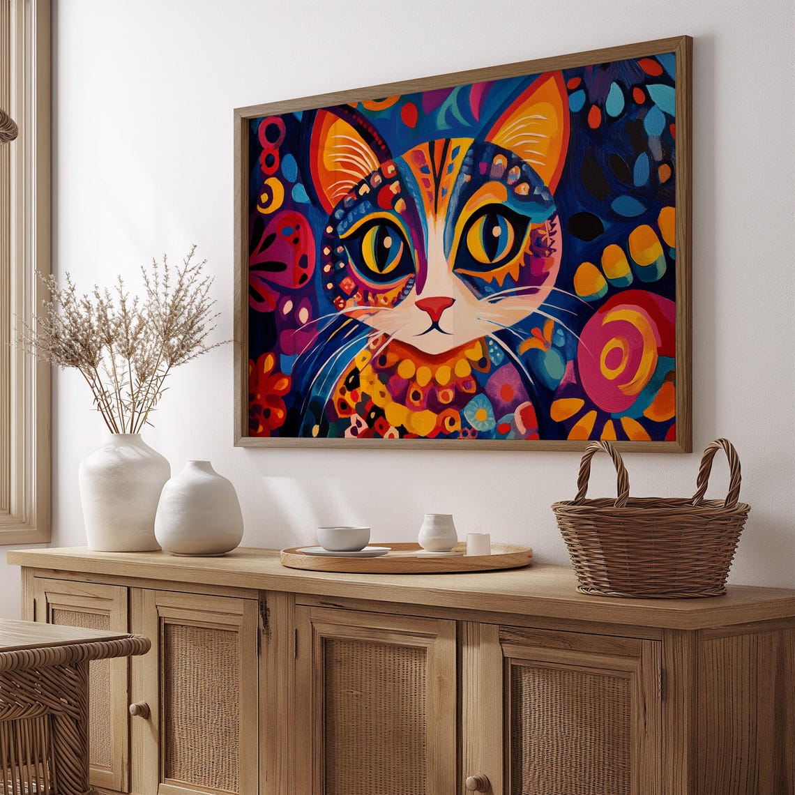 Symmetrical Cat Face Folk Art Big Yellow Eyes Navy Patterned Poster