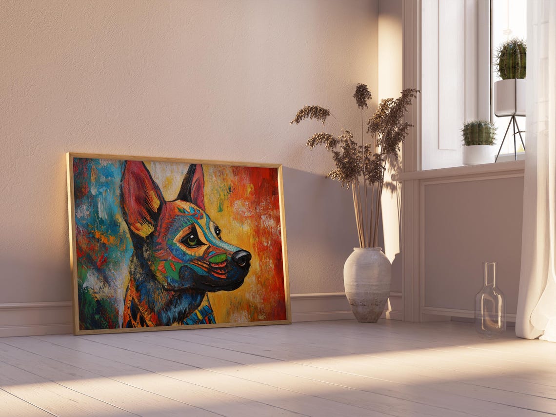 Colorful Painted Dog Profile Shepherd Folk Art Red Teal Poster - Image 2