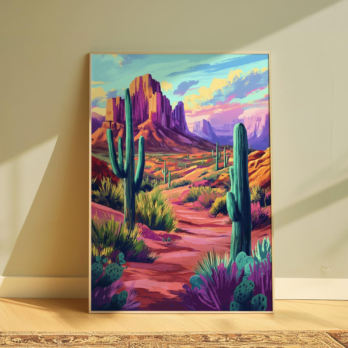 Red Rock Mesa Saguaro Cactus Desert Trail Landscape Art Poster