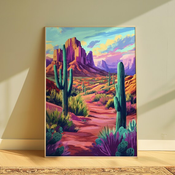 Red Rock Mesa Saguaro Cactus Desert Trail Landscape Art Poster