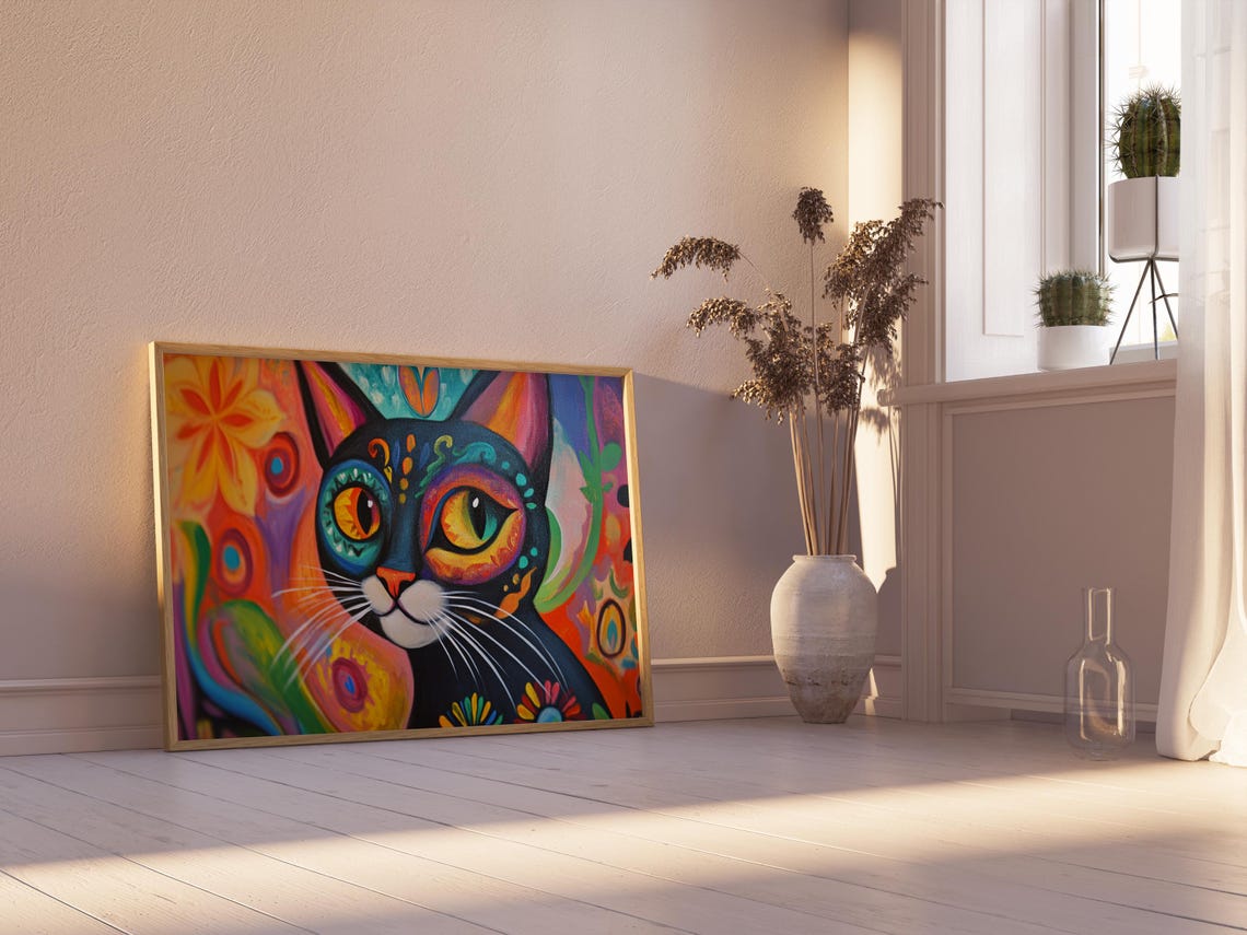 Black Cat Folk Art Big Green Eyes White Muzzle Abstract Pattern Poster - Image 2