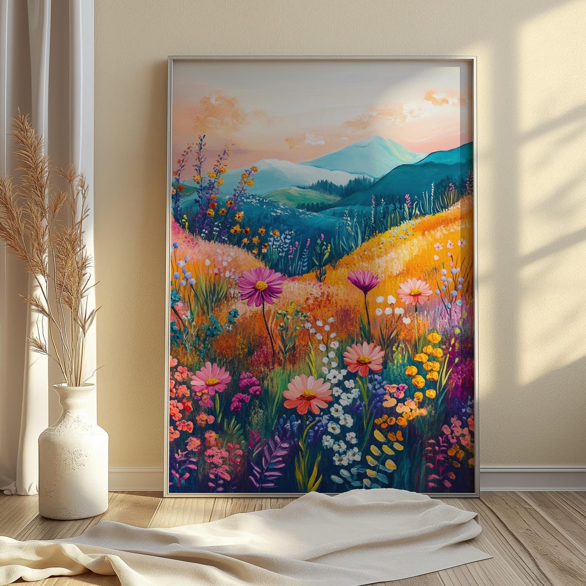 Pastel Pink Daisy Wildflower Meadow Dawn Teal Mountain Art Print - Image 4