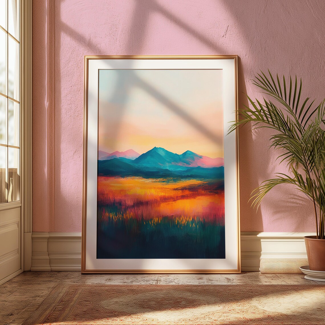 Serene Sunset Teal Mountains Glowing Orange Field Pastel Sky Calm Landscape Poster - Image 2