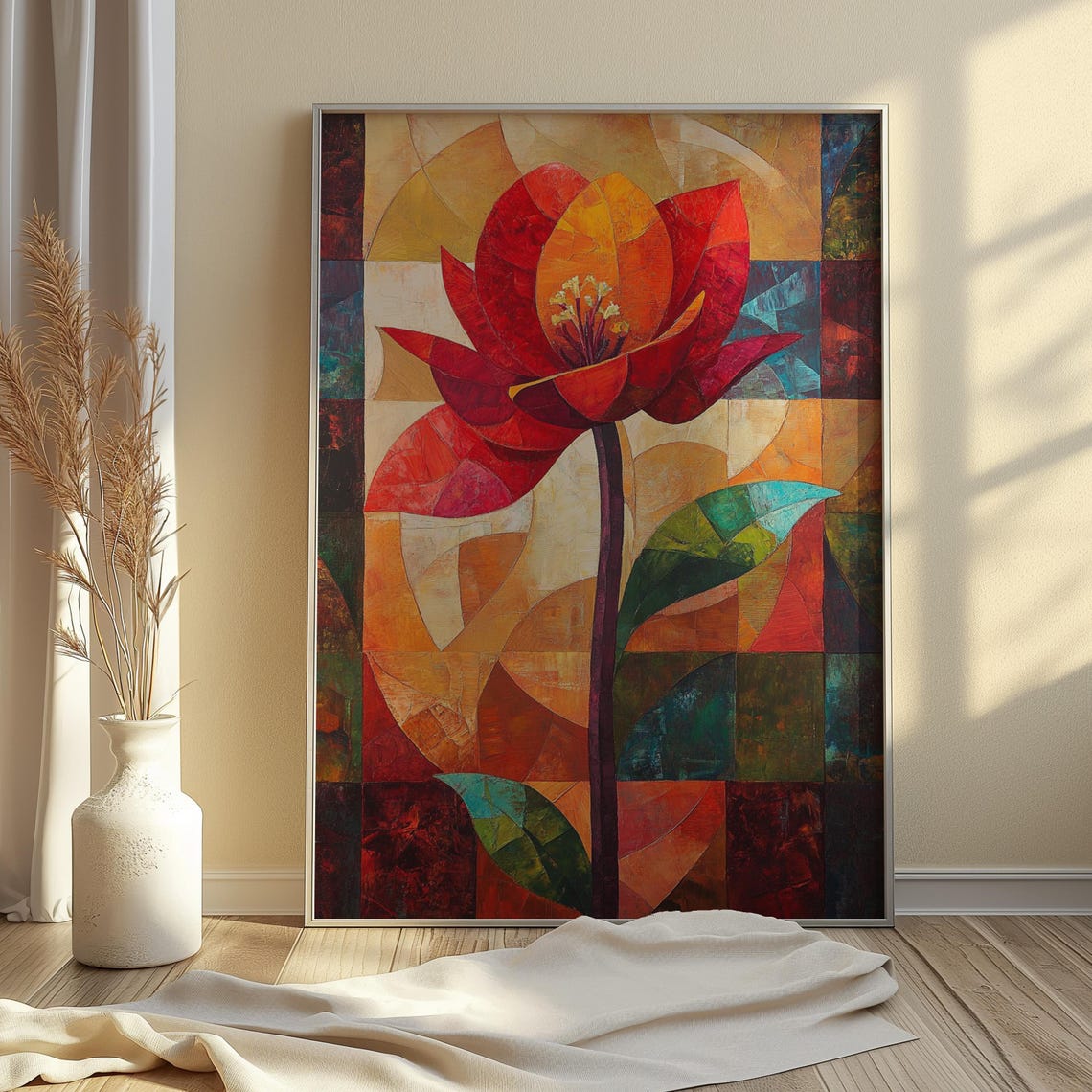 Red Lotus Mosaic Petals Amber Teal Patchwork Floral Art Poster - Image 4