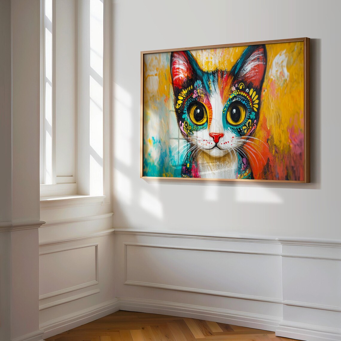 Calico Kitten Golden Background Folk Art Eye Patterns Sweet Cat Art Poster - Image 3