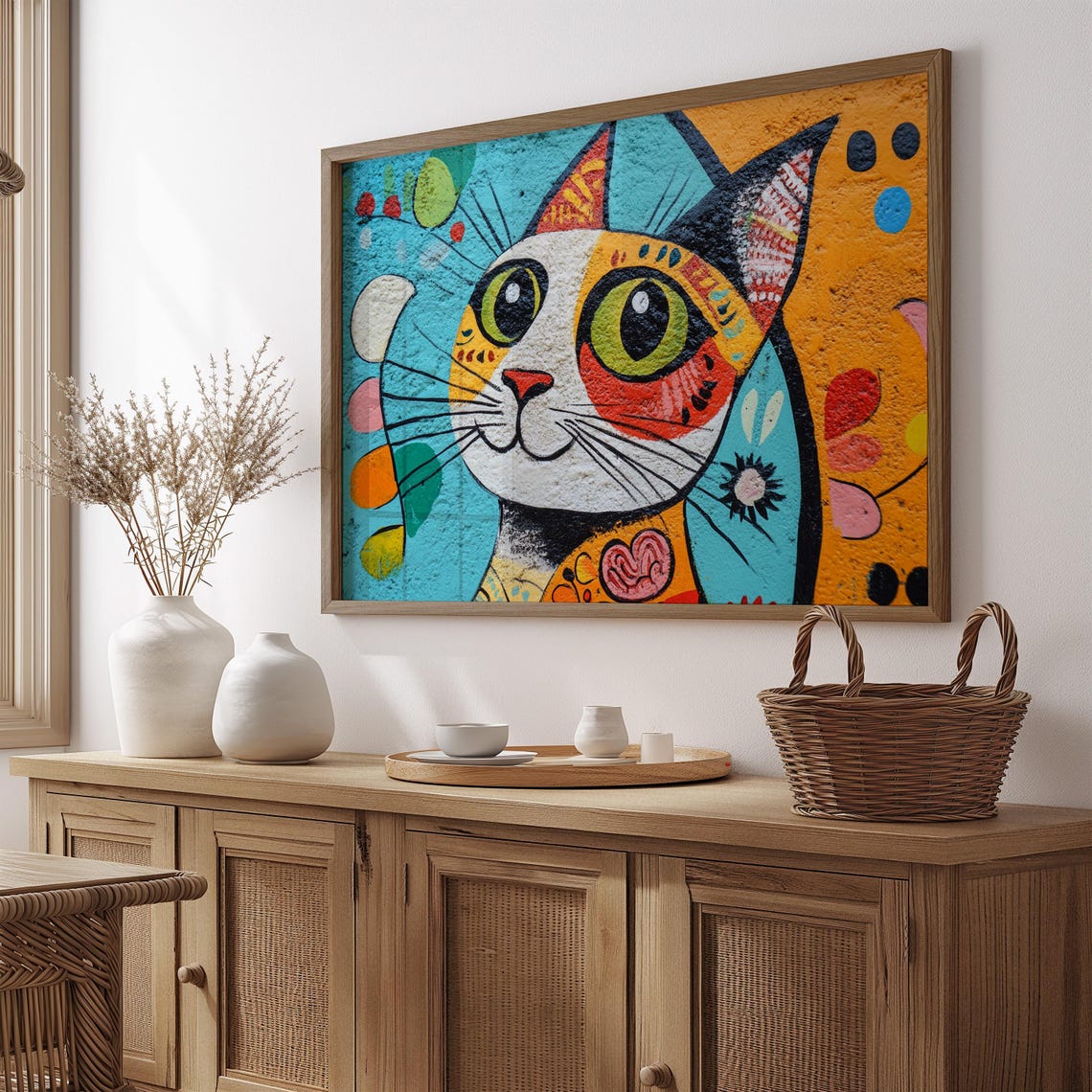Whimsical Big Eyed Cat Face Pop Art Turquoise Orange Abstract Poster