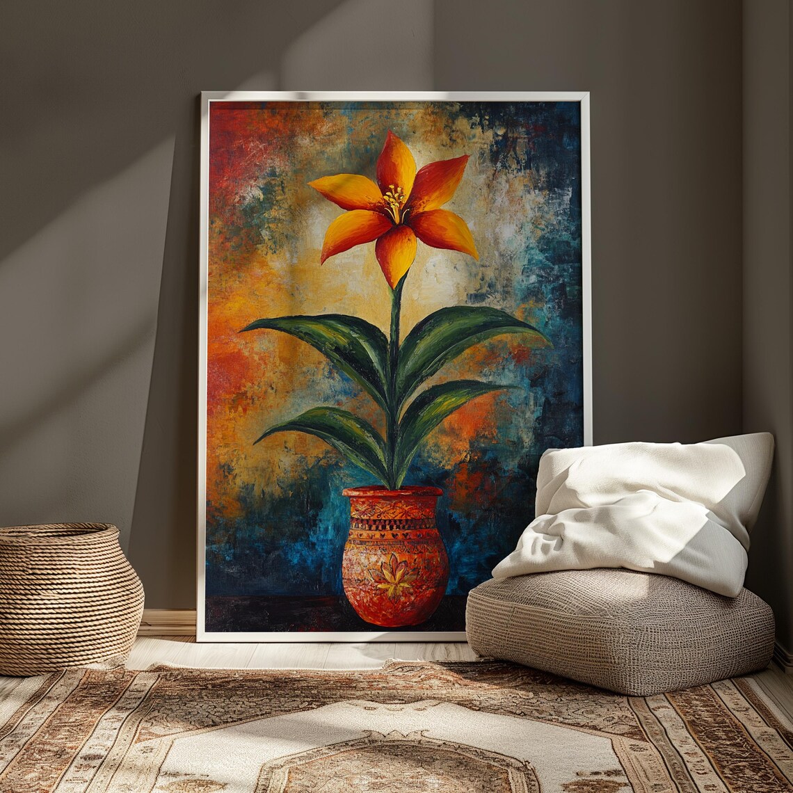 Orange Lily Terracotta Pot Rustic Folk Still Life Floral Poster - Image 3