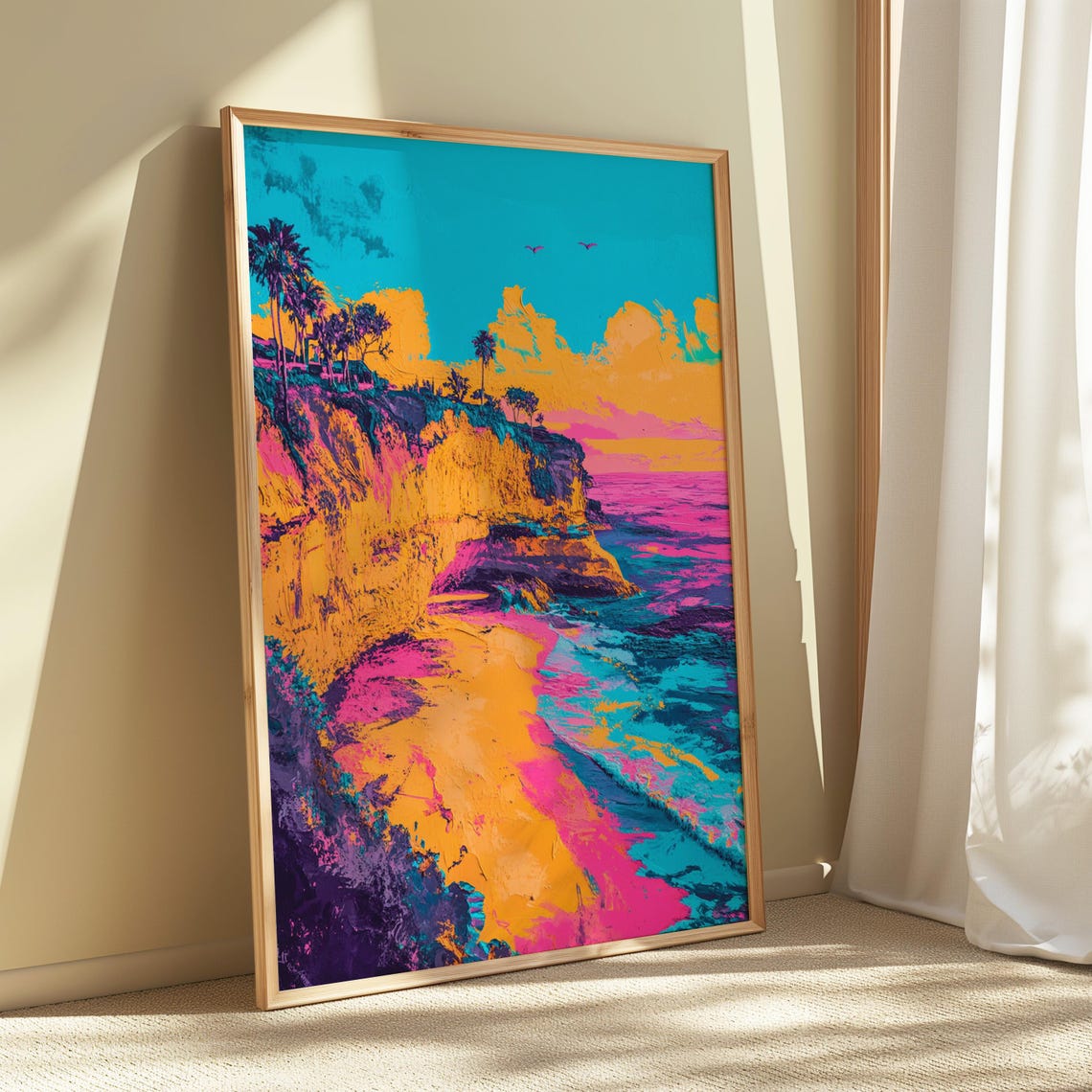 Colorful Tropical Ocean Cliff Palm Trees Sunset Pop Art Beach Poster - Image 5