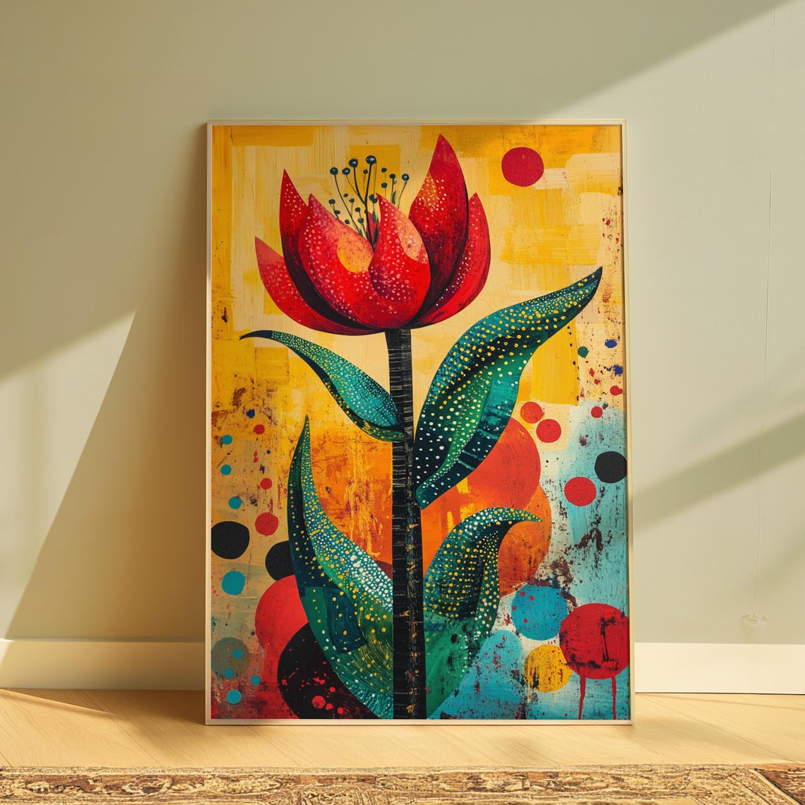 Red Tulip Spotted Petals Sunny Dots Folk Background Floral Art Poster