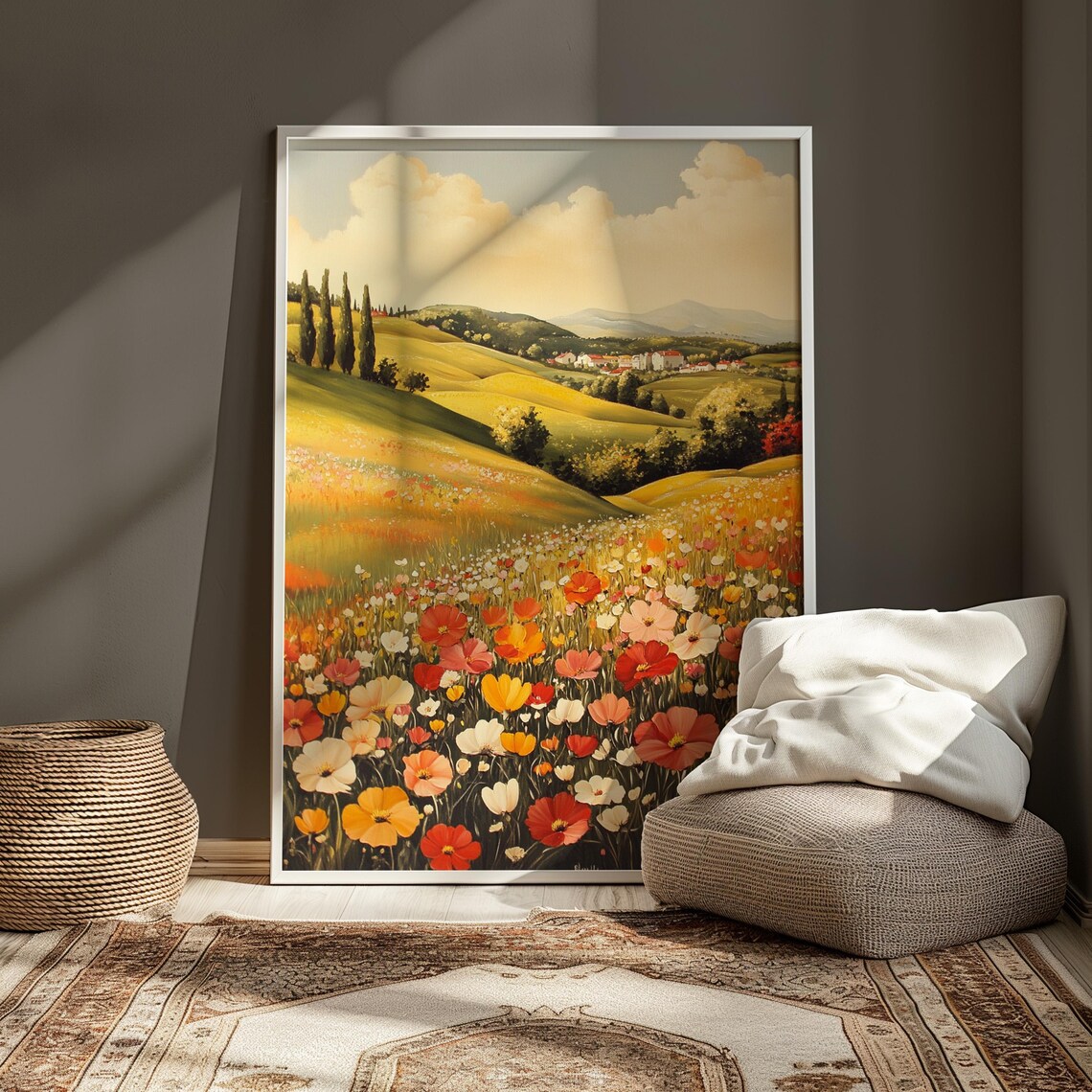 Tuscan Rolling Hills Cypress Trees Village Wildflower Field Golden Poster - Image 3