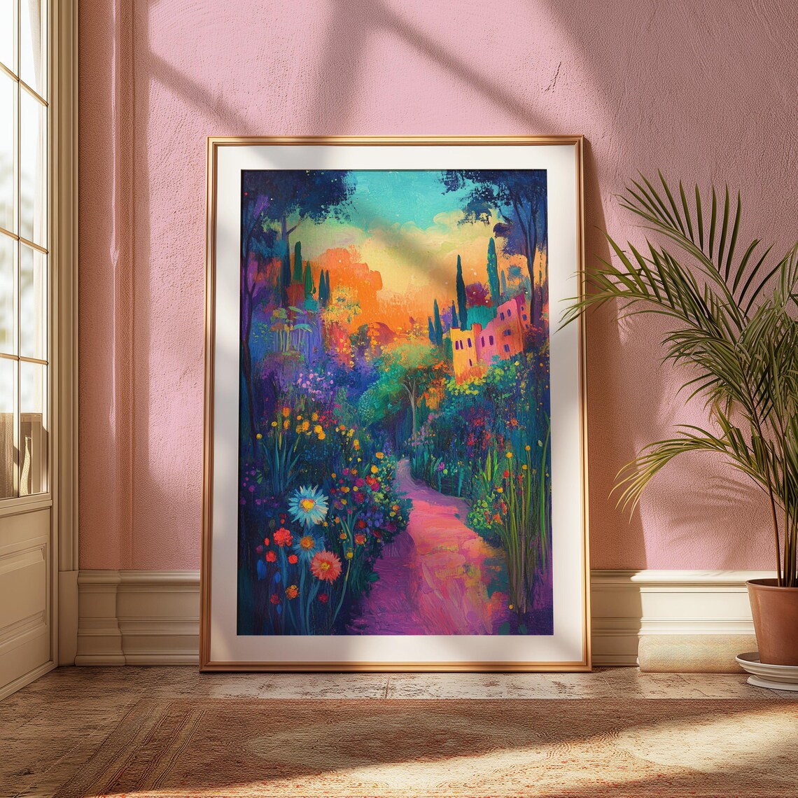Enchanted Flower Garden Hilltop Village Sunset Colorful Landscape Poster - Image 2