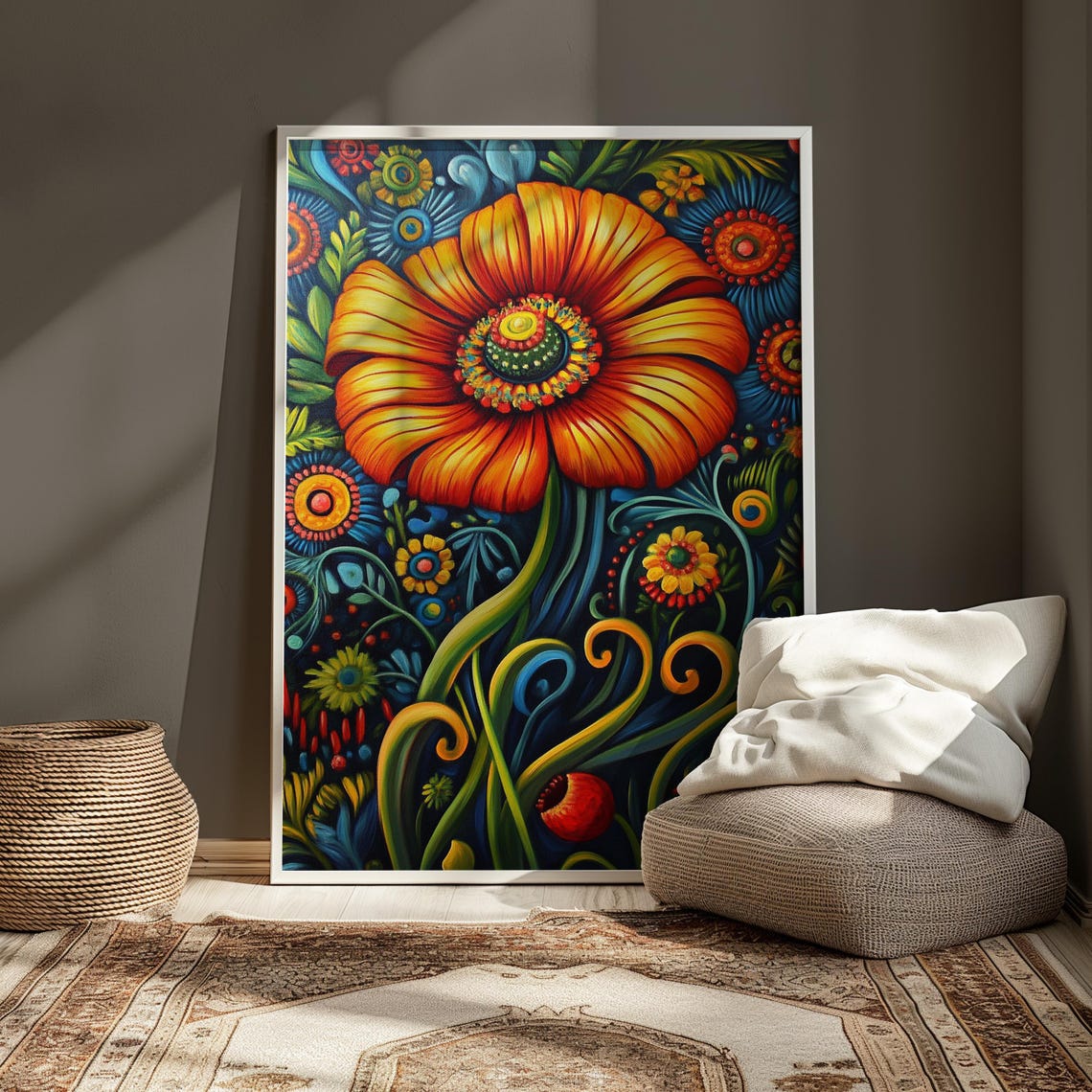 Giant Orange Daisy Detailed Center Blue Night Garden Bloom Poster - Image 3