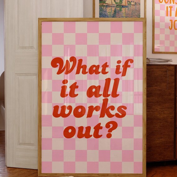What If It All Works Out Retro Pink Checkerboard Quote Poster