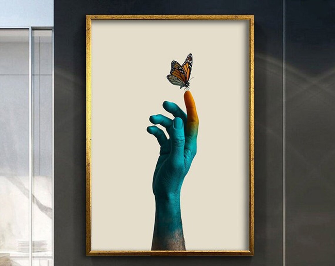 Blue Painted Hand With Monarch Butterfly Cream Minimalist Art Poster