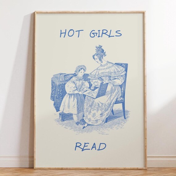 Hot Girls Read Vintage Blue Reading Woman Engraving Book Poster