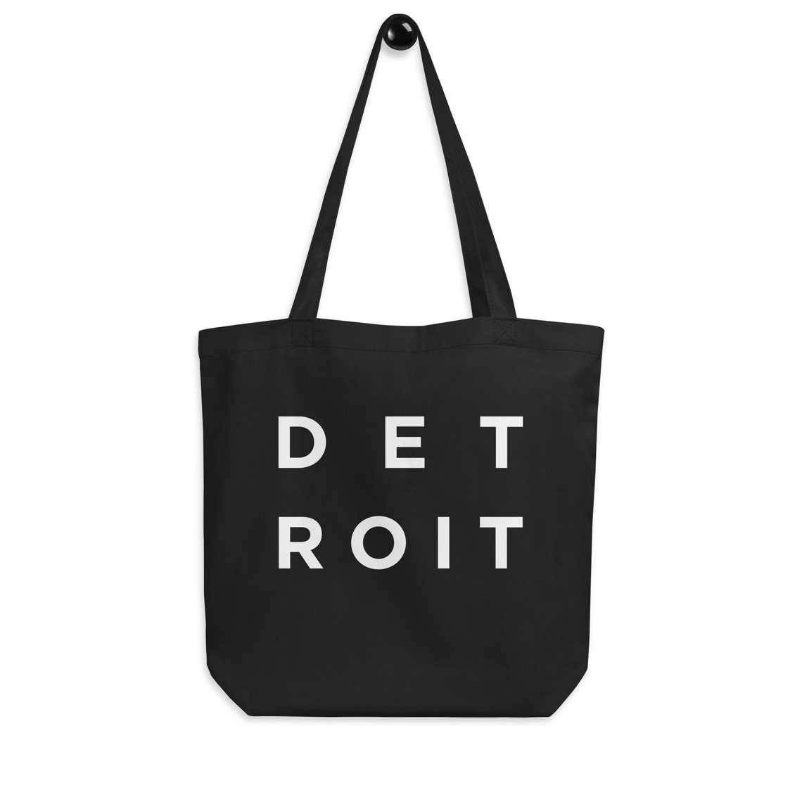 Detroit Michigan Black Tote Bag with Bold White Letter Print Design - Image 4