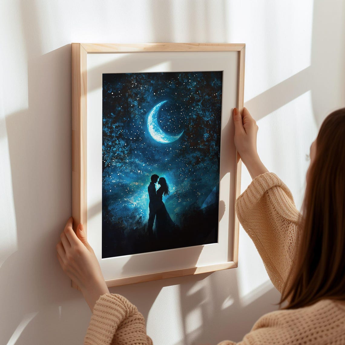 Romantic Couple Silhouette Under Crescent Moon Starry Poster - Image 3