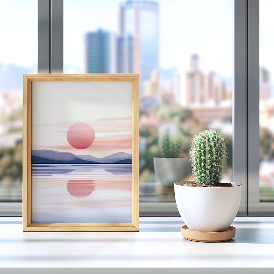 Pink Sunset Over Mountain Lake Modern Minimalist Landscape Poster - Image 4