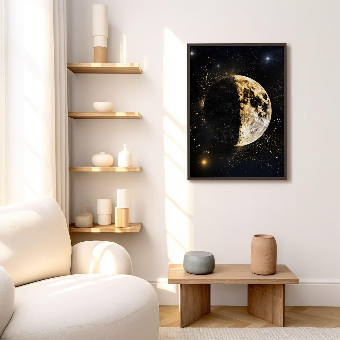 Golden Half Moon in Black Starry Sky with Celestial Gold Dust Poster - Image 6