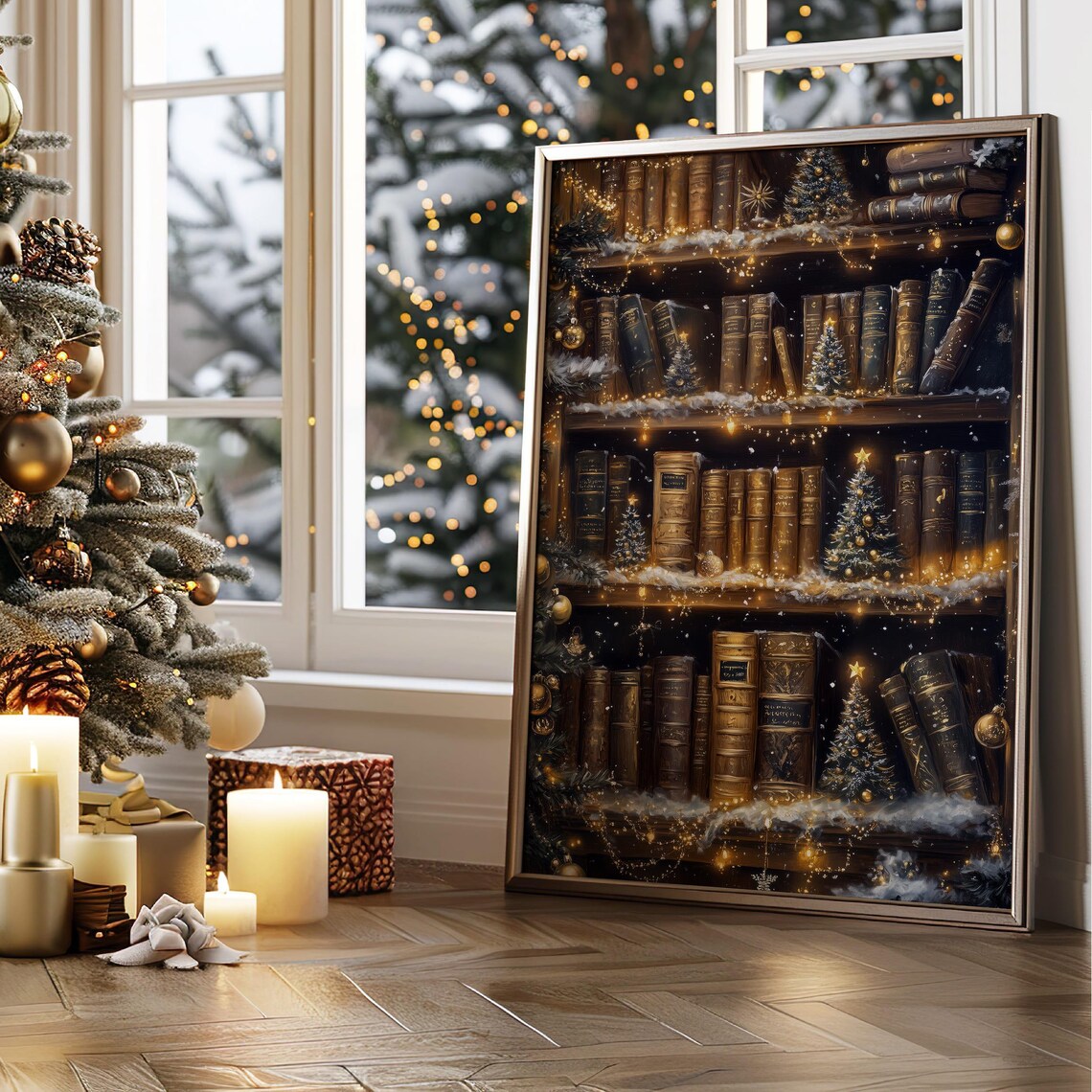 Christmas Bookshelf Art Print, Holiday Reading Nook - Image 4
