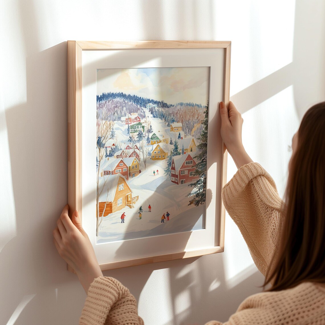 Snowy Winter Village Watercolor Ski Town Scene Holiday Art Poster - Image 6