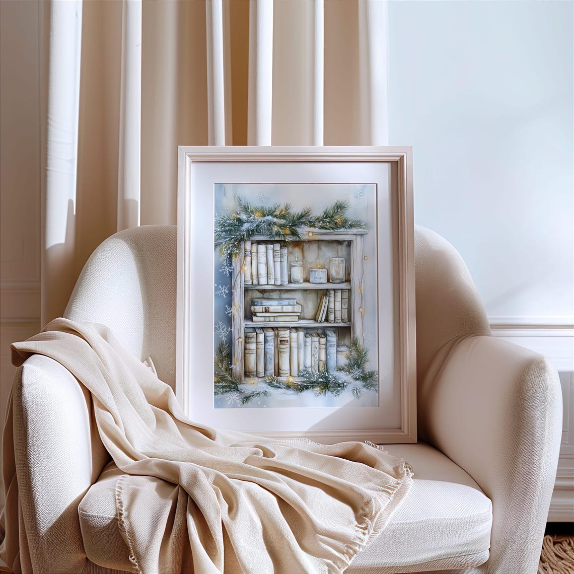 Christmas Bookshelf With Pine Garland Candles and Fairy Lights Poster - Image 2
