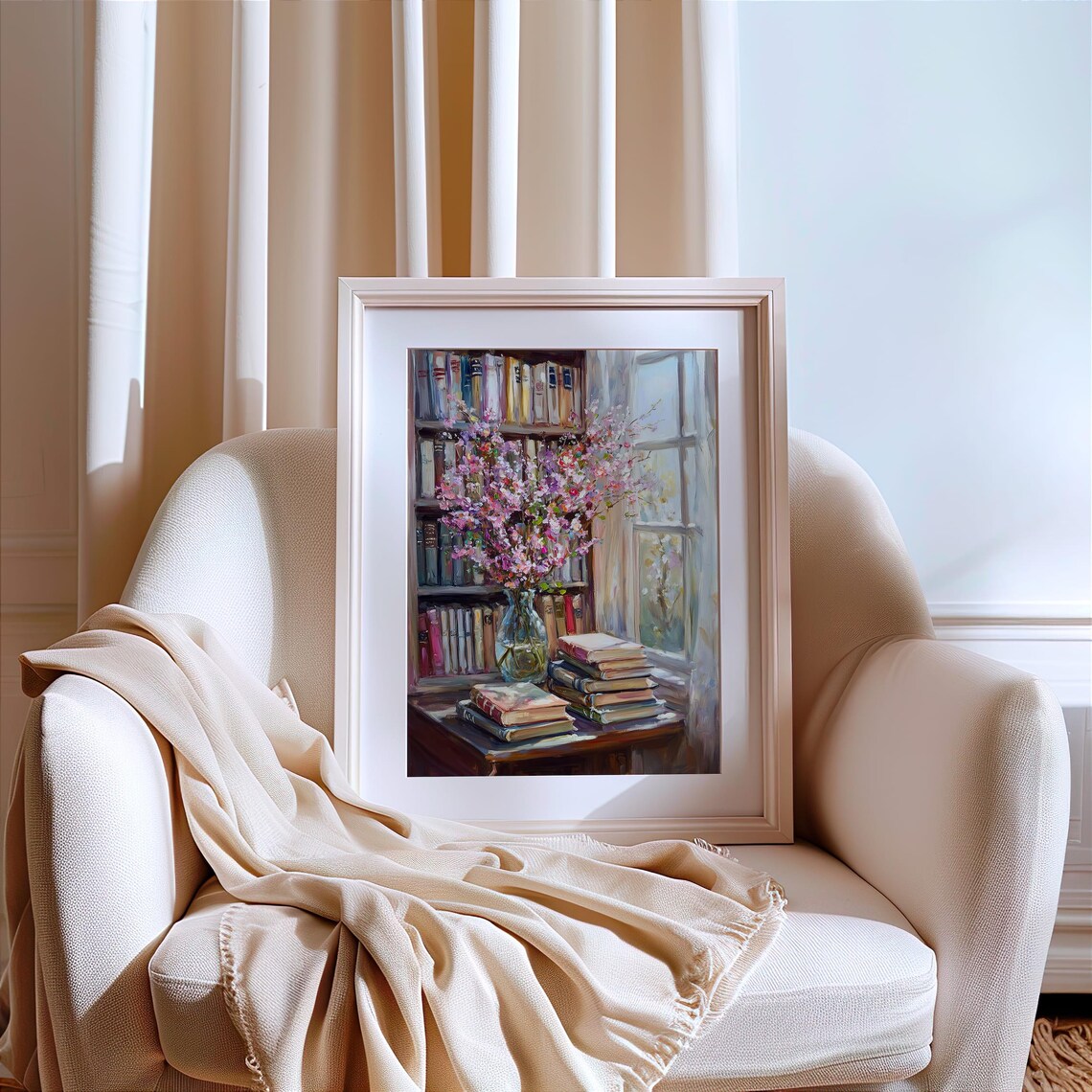 Vintage Bookshelf With Pink Blossoms By Sunlit Window Poster - Image 3
