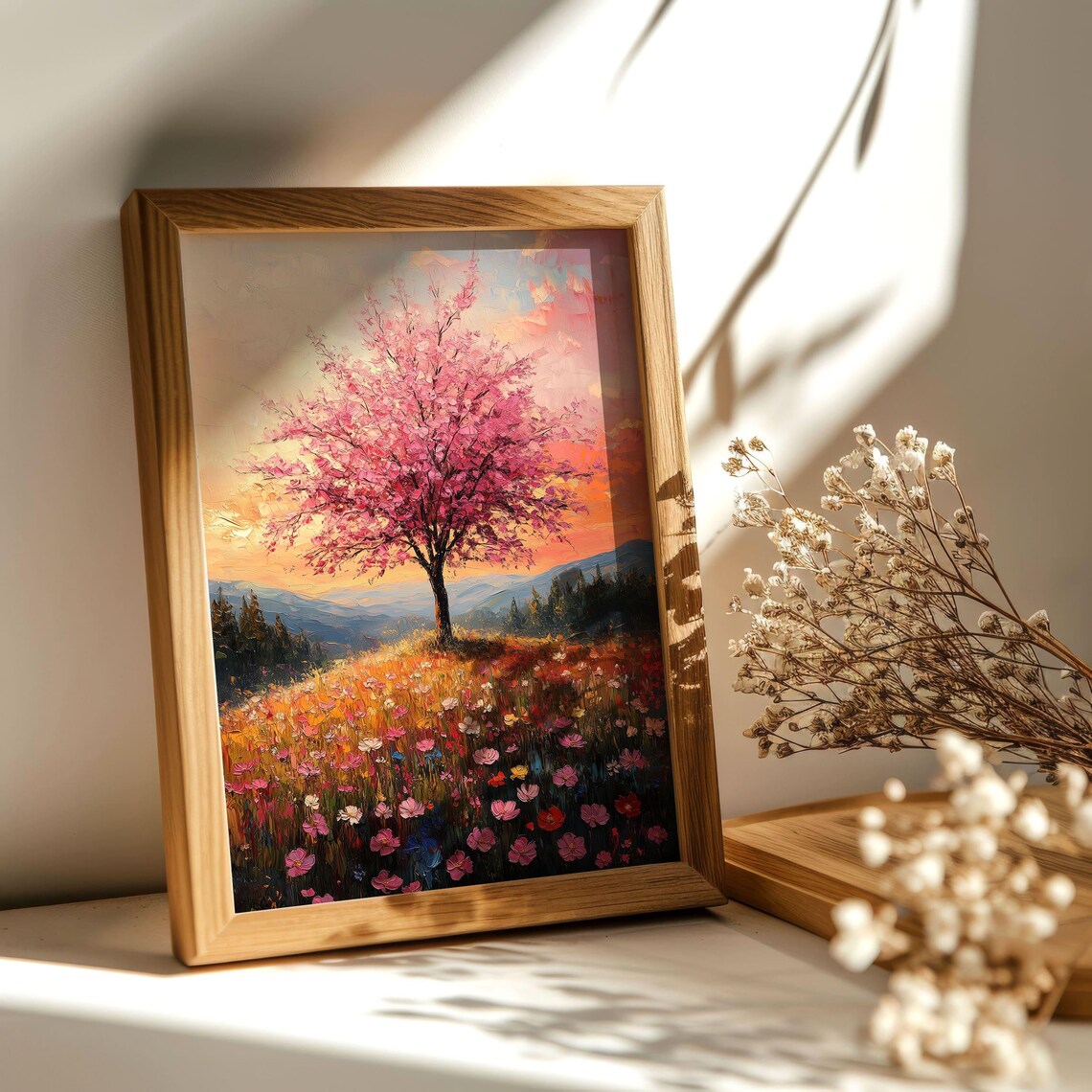 Cherry Blossom Tree Sunset Wildflower Field Mountain Glow Spring Art Poster - Image 2