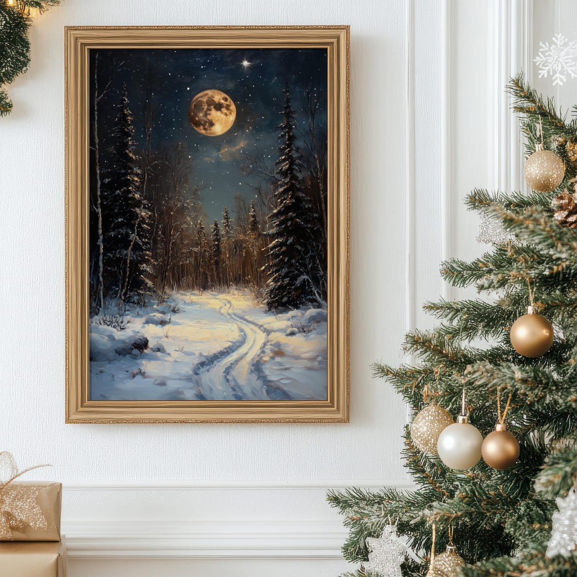 Full Moon Over Snowy Forest Path Winter Night Landscape Poster - Image 7