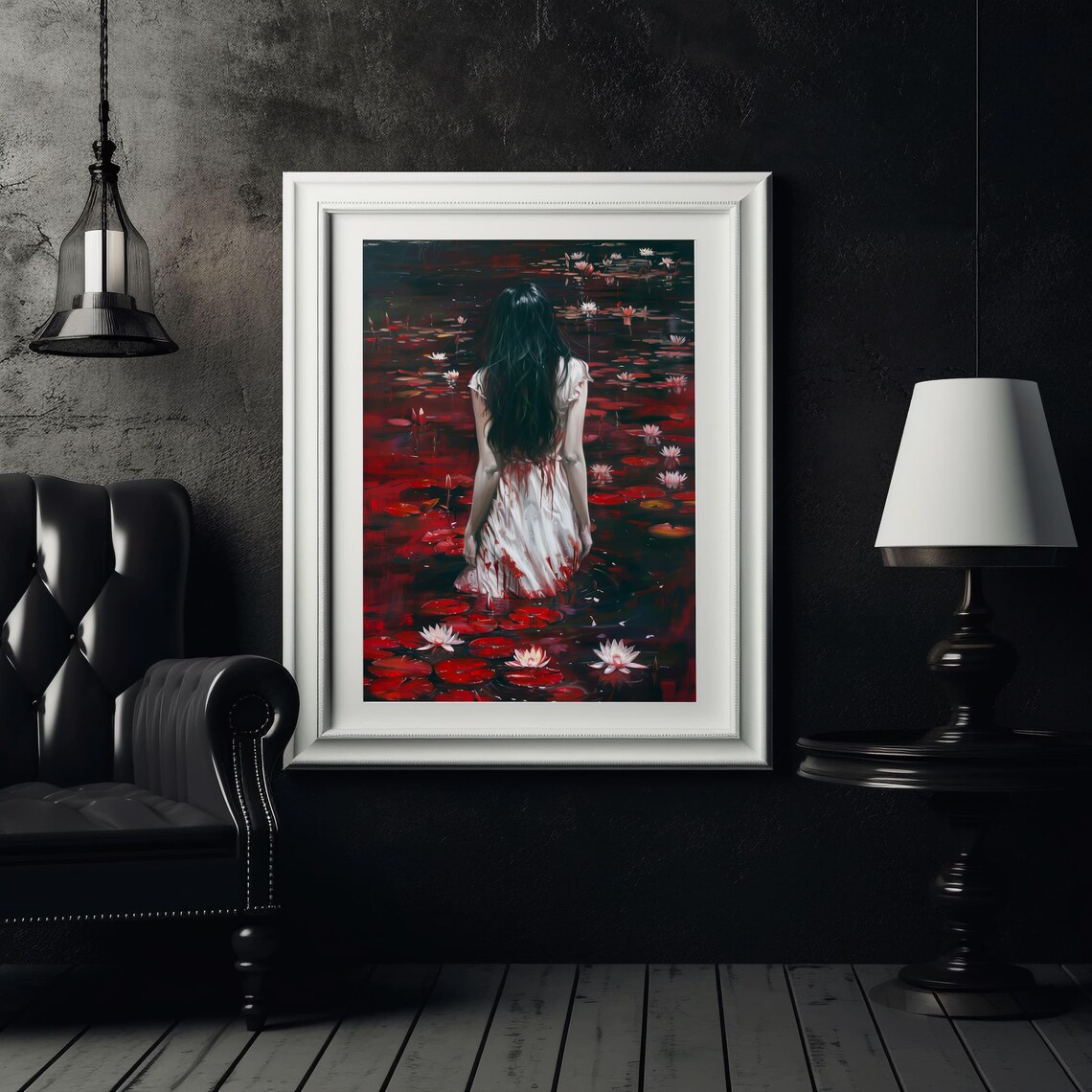 Haunting Woman in White Dress in Dark Red Water Lily Pond Gothic Poster - Image 2