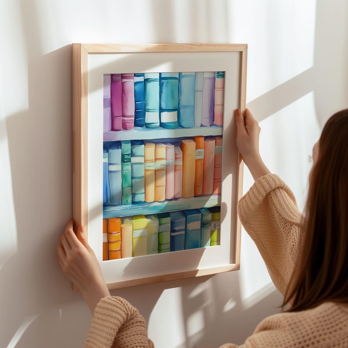 Rainbow Watercolor Bookshelf With Pastel Books Library Poster - Image 6