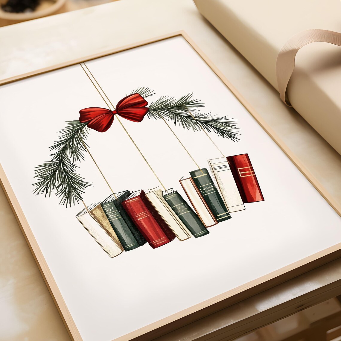 Christmas Book Wreath Hanging Books With Red Bow Holiday Decor Art Poster - Image 4