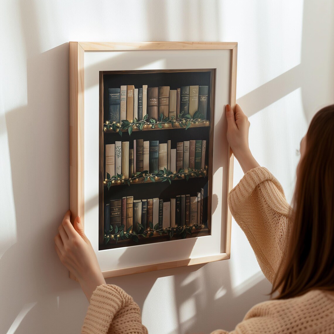 Cozy Vintage Bookshelf with Twinkling Fairy Lights Library Decor Poster - Image 7
