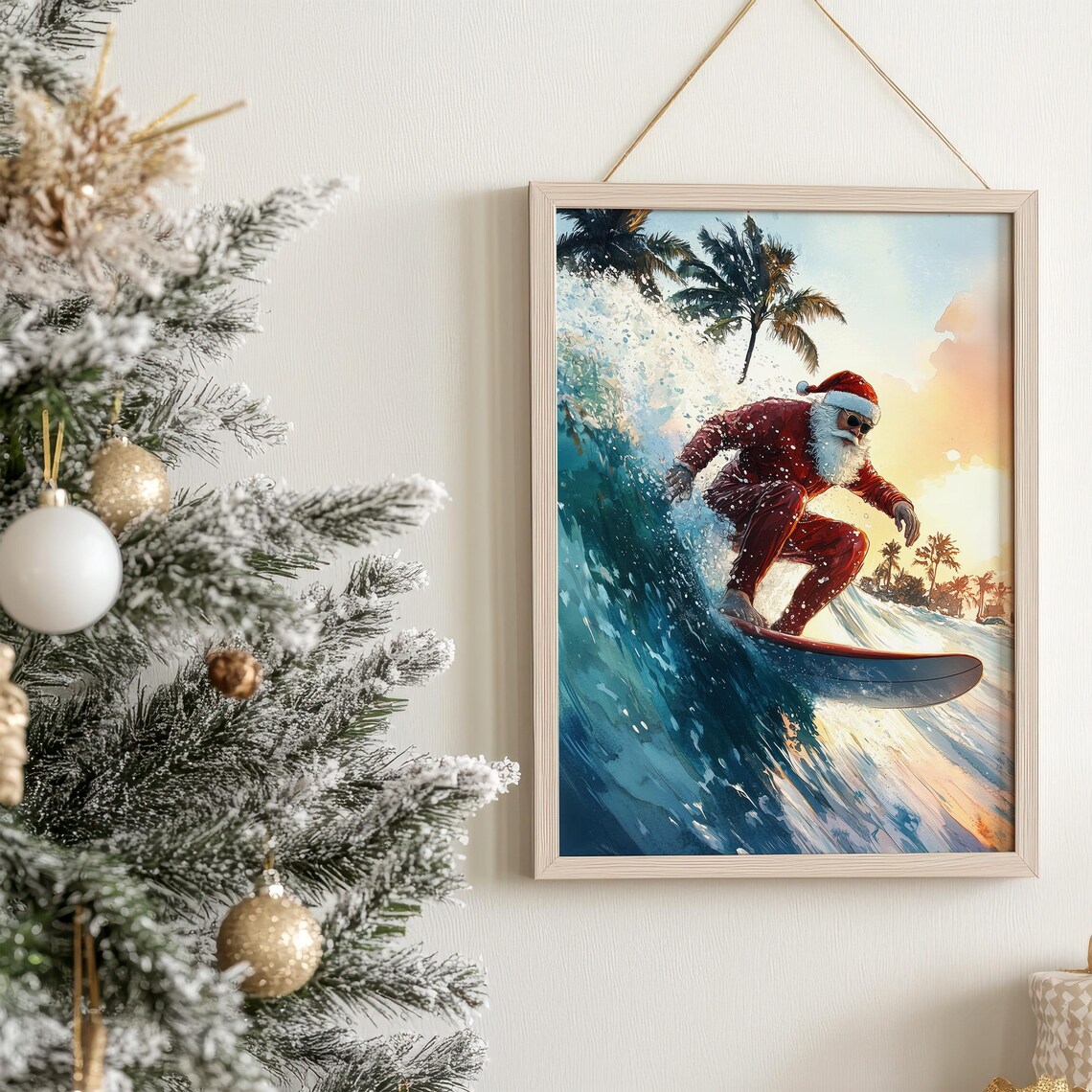 Santa Claus Surfer Tropical Christmas Travel Poster - Image 3