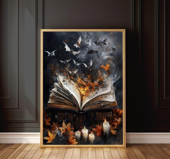 Open Magic Book with Flying Bats and Flames Dark Halloween Spell Poster