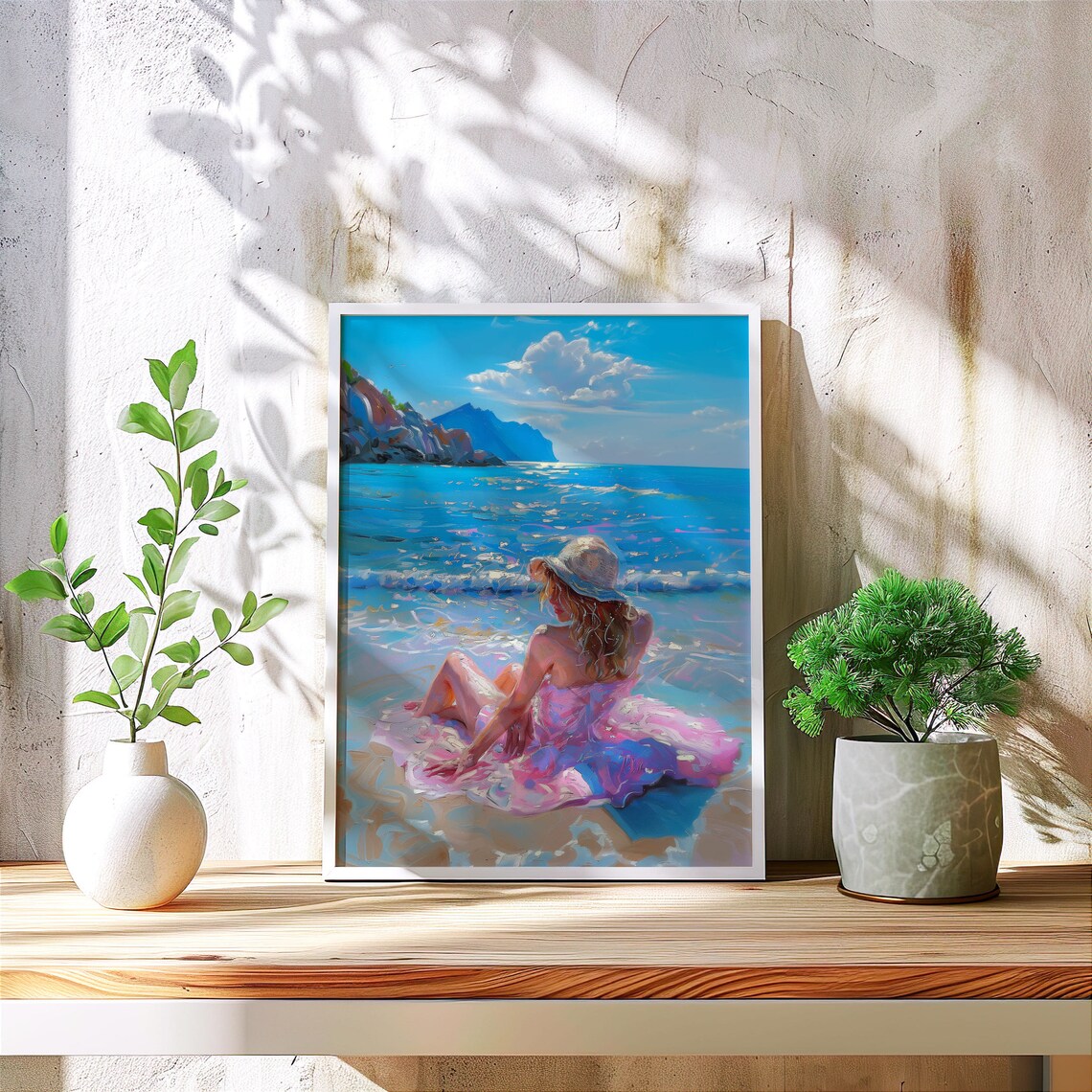 Woman In Pink Dress And Sun Hat At The Beach Coastal Art Poster - Image 2