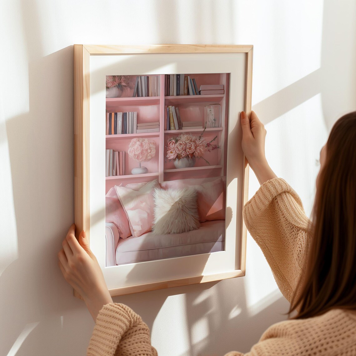 Pink Home Library Bookshelf Cozy Reading Nook Roses Decor Wall Art - Image 7