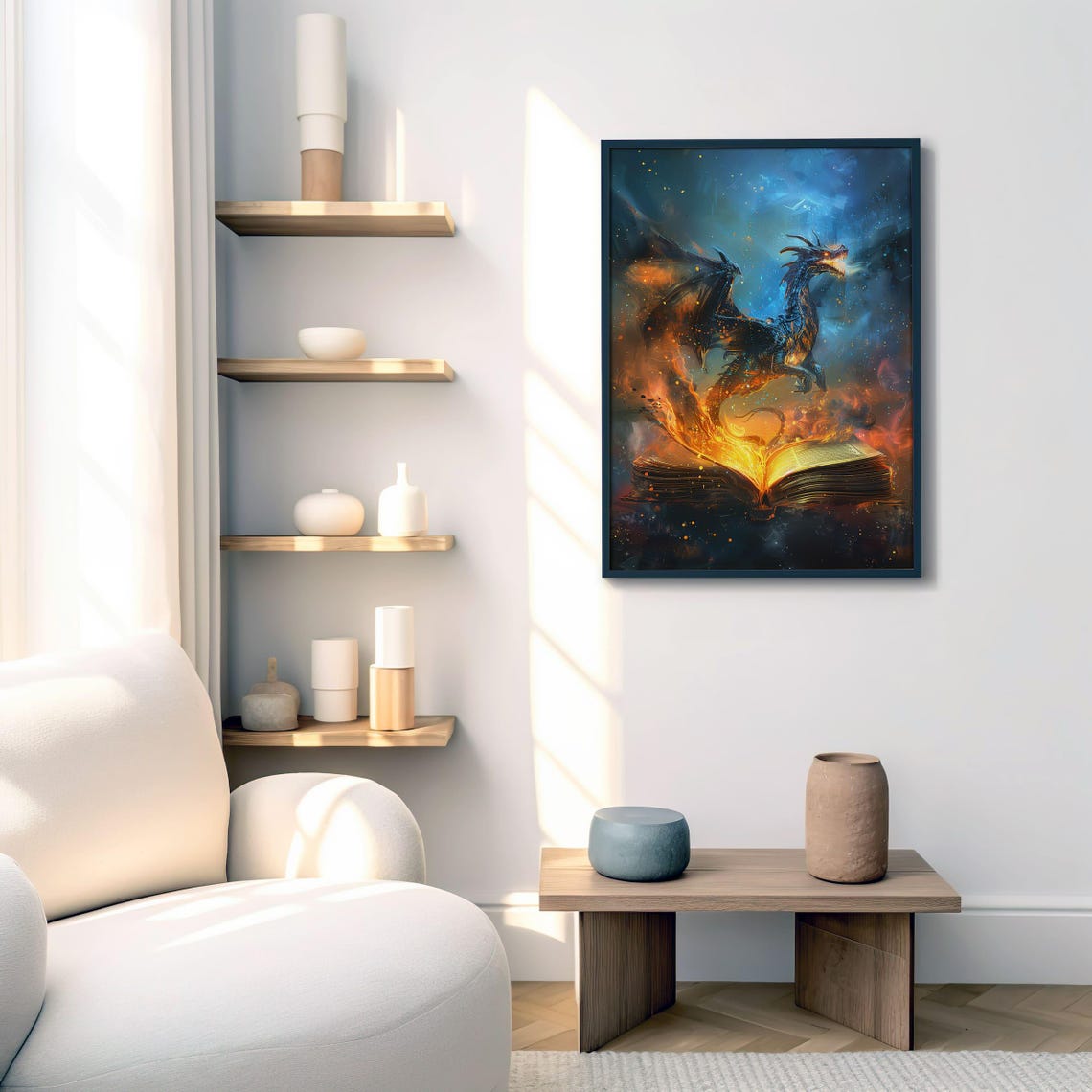 Fiery Dragon Emerging from Burning Open Book Fantasy Magic Art Poster - Image 8