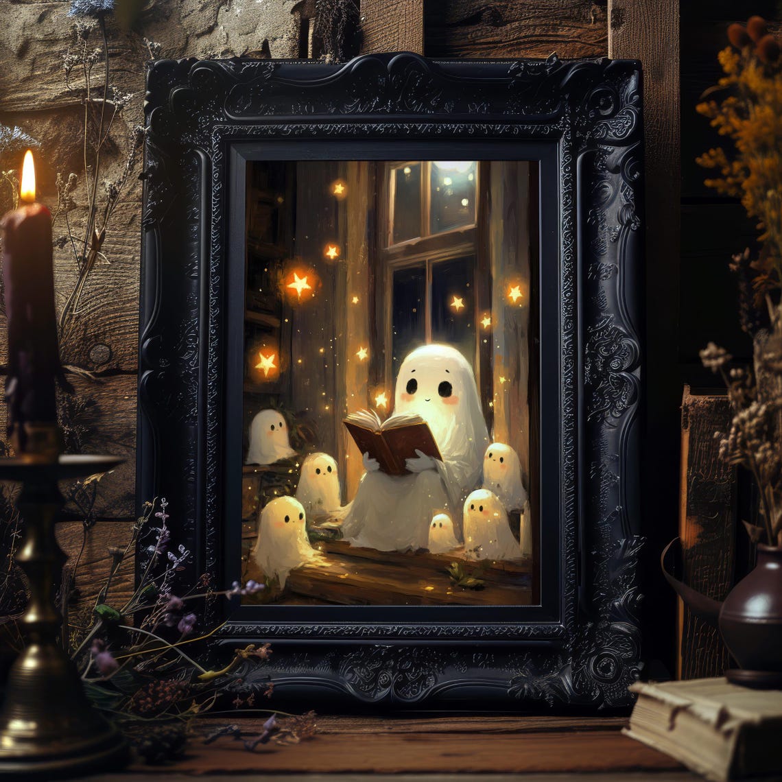 Cute Ghosts Reading a Book Together by the Window Halloween Poster - Image 2