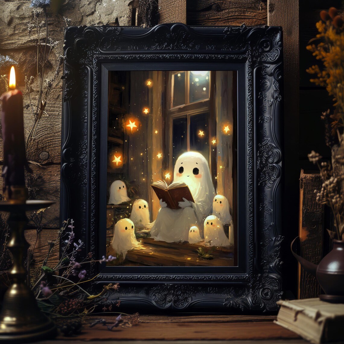 Halloween Ghost Reading Art Cozy Book Lover Print Spooky Cute Wall Decor Autumn Night Magic Art - Image 2