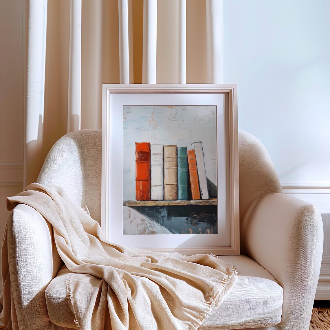 Minimalist Vintage Books On Wooden Shelf Oil Painting Poster - Image 2