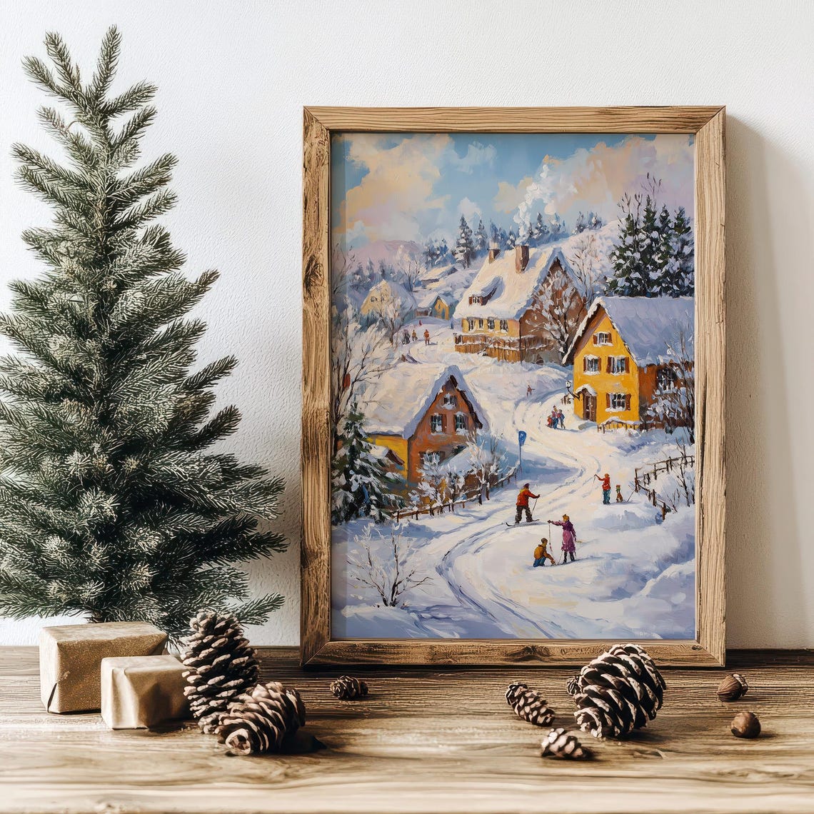 Snowy Village Cottages Winter Sledding Scene Oil Painting Poster - Image 3