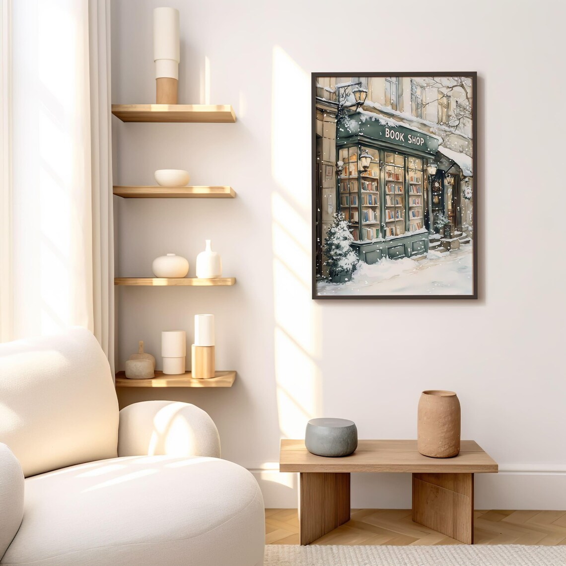 Winter Book Shop New York Art Print, Bookish Christmas Decor - Image 3