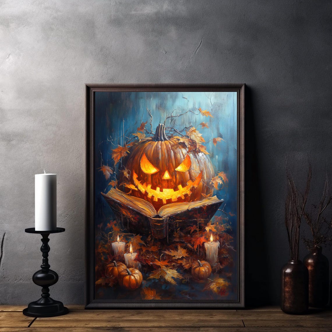 Spooky Glowing Pumpkin Reading Open Book Halloween Night Poster - Image 7