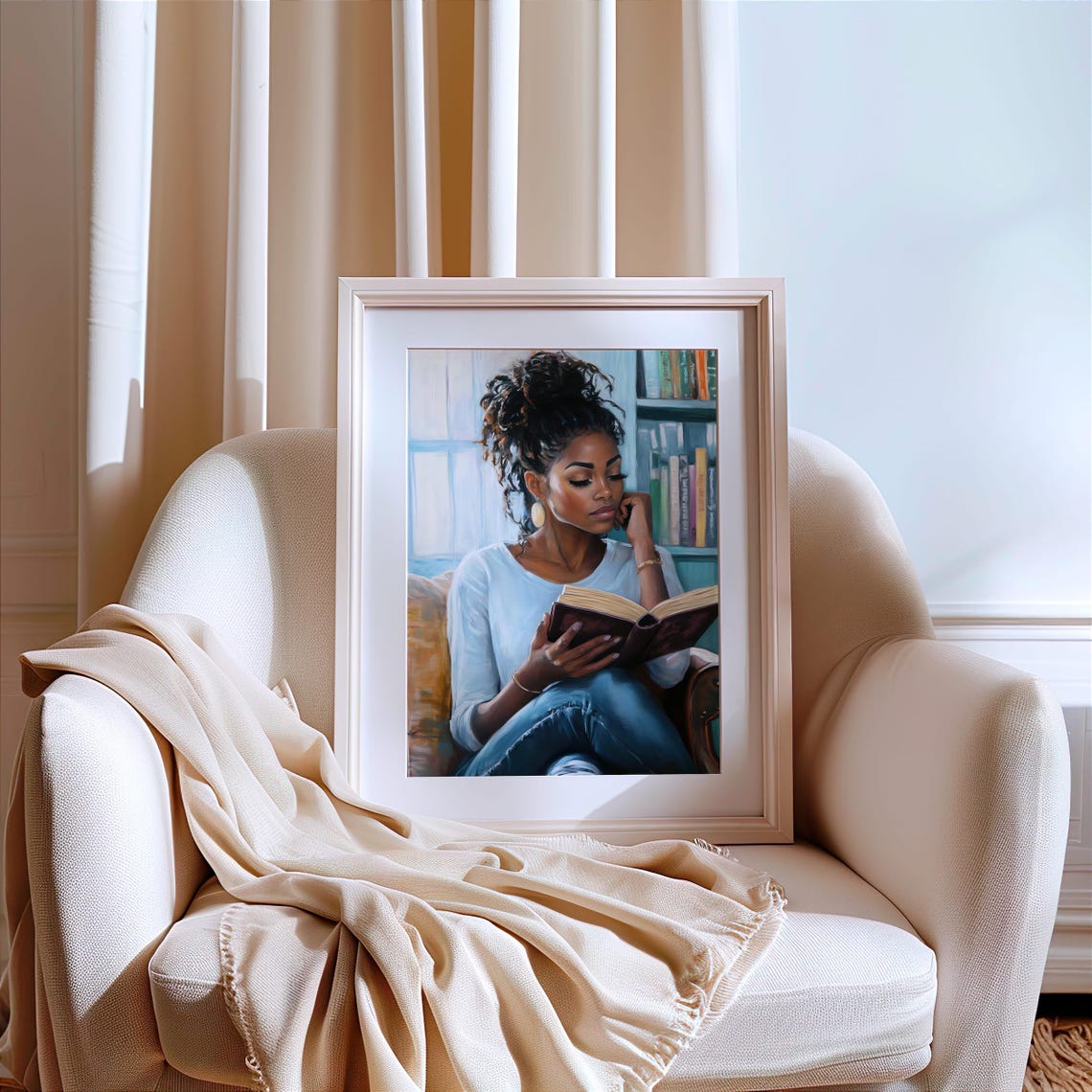 Beautiful Black Woman Reading Book by Window Cozy Library Scene Poster - Image 6