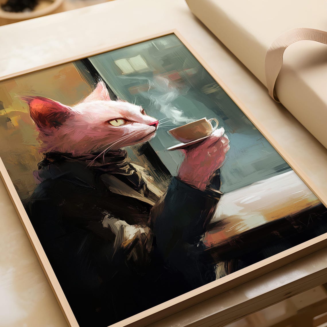 Pink Cat in Suit Drinking Coffee Funny Cafe Animal Wall Poster - Image 4