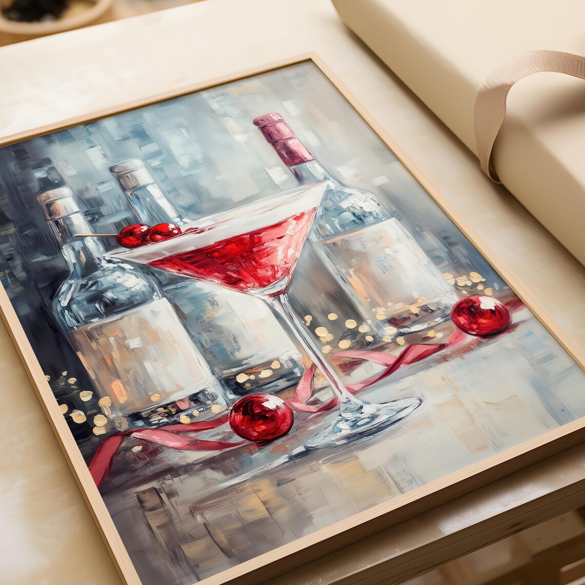 Cosmopolitan Cocktail Painting with Cranberries and Bottles Bar Art Poster - Image 4